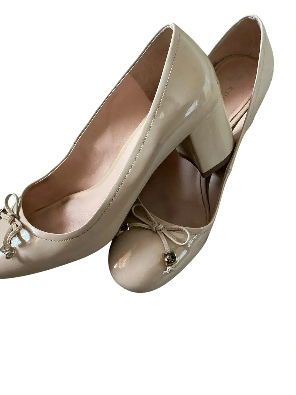 Kate spade Bev Bow pumps nude patent leather block mid heel size 7.5